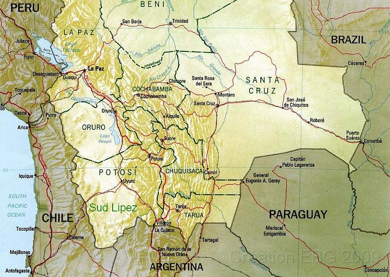 Bolivia_map.jpg - Ayant atterri à Juliaca (au Pérou), nous avons longé le lac Titicaca jusqu'à la frontière en passant par Puno. Nos étapes suivantes sont: La Paz (1 jour), Oruro, Uyuni d'où nous partons pour le sud à travers pistes (3 jours) et reviendrons sur Uyuni puis Potosi (1 jour), Sucre (1 jour) avant de prendre l'avion pour La Paz (1 jour) et rejoindrons le Lac Titicaca pour Copacabana (1 jour).